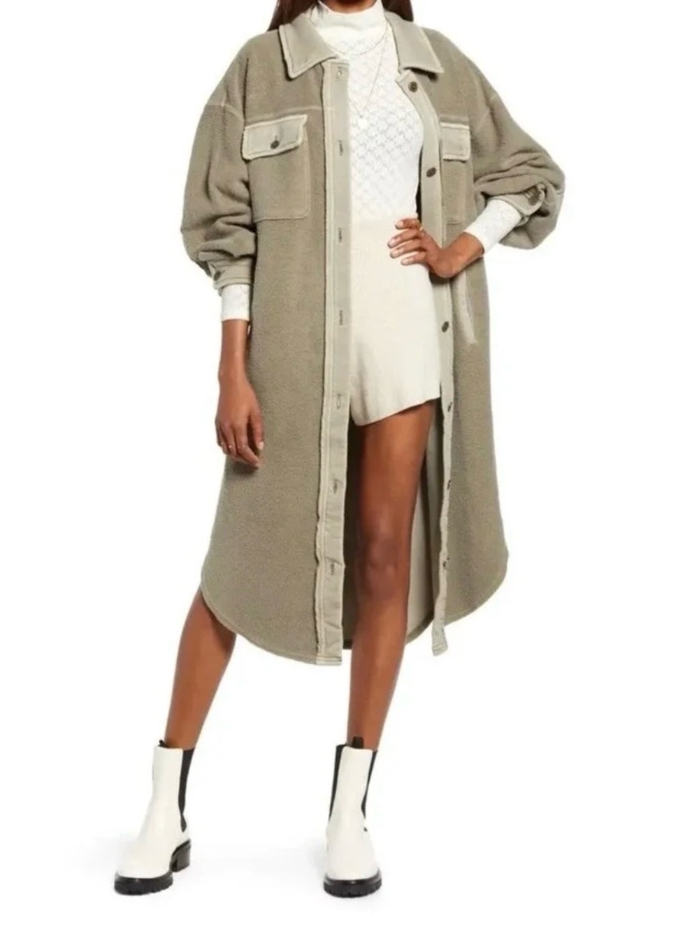 We The Free Olive Green Longline Teddy Jacket